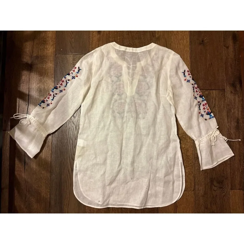 Tory Burch white linen swim cover up tunic M embroidered coastal beach